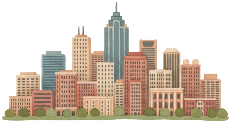 A painted Atlanta skyline under a peach sun, where the road begins.