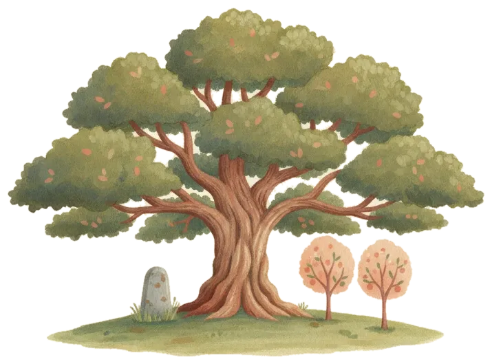 An old spreading oak beside a stone milestone, with two young peach trees.