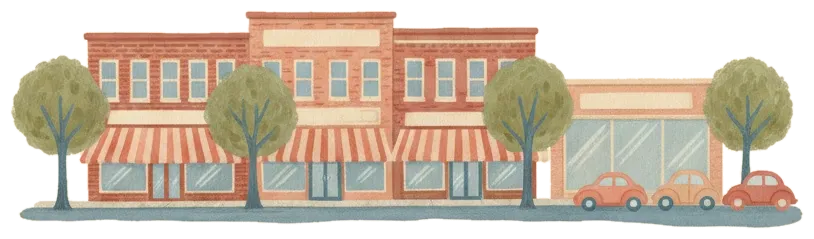 A small-town main street of brick shopfronts with striped awnings, ending at a small car dealership.