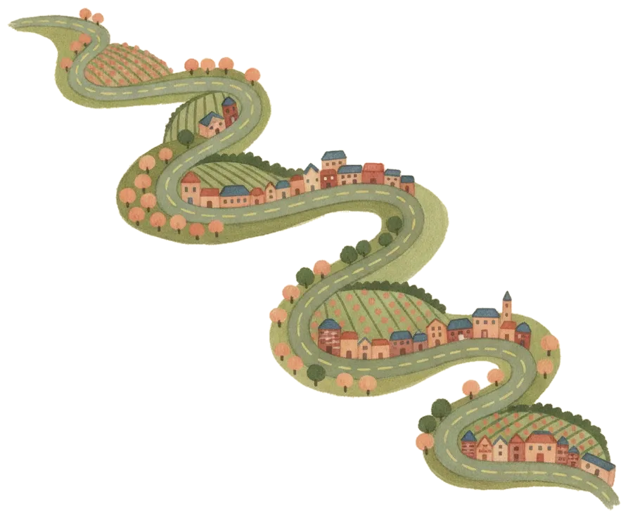 A winding country road seen from above, linking small towns through green hills and peach orchards.