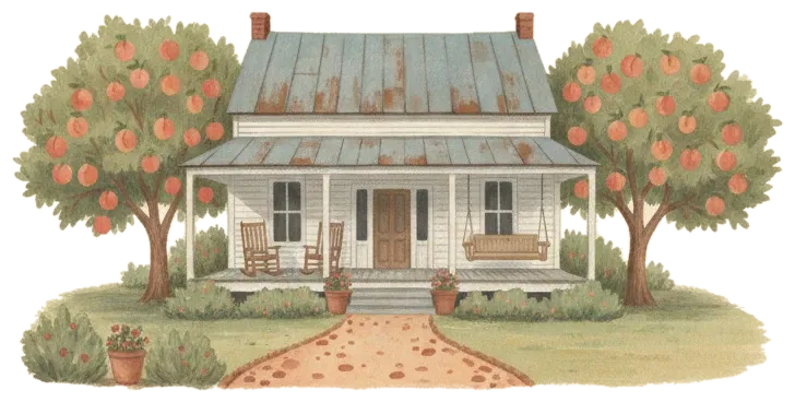 A white farmhouse with a wide front porch and a swing, between two peach trees heavy with fruit.