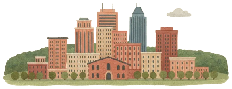A painted Birmingham skyline in front of a long green ridge.