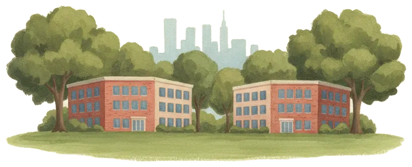 Brick office buildings among shade trees in Brentwood, with the Nashville skyline in the distance.