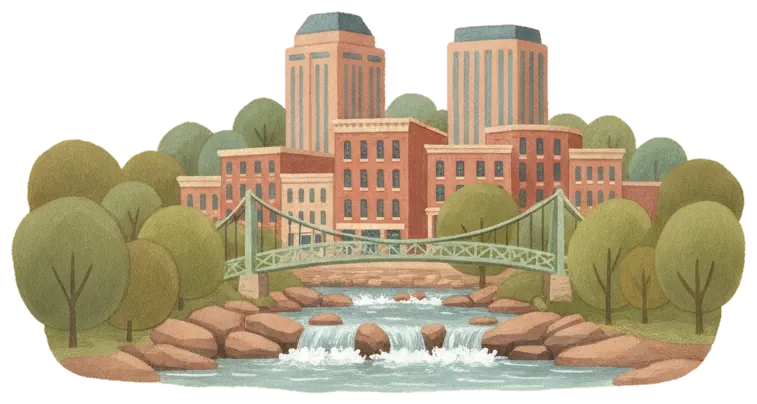 Downtown Greenville above a river, its waterfalls and a curved footbridge.